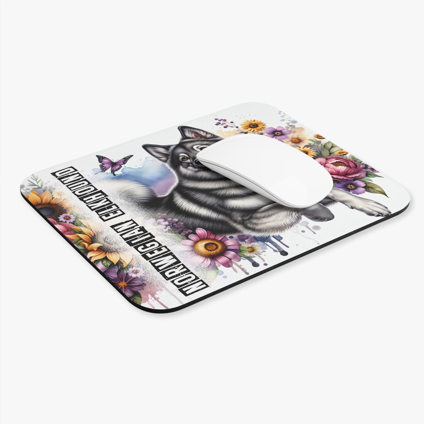 🖱️🐺🌼 Norwegian Elkhound Mouse Pad – Silver Coat Pup with Sunflowers & Florals