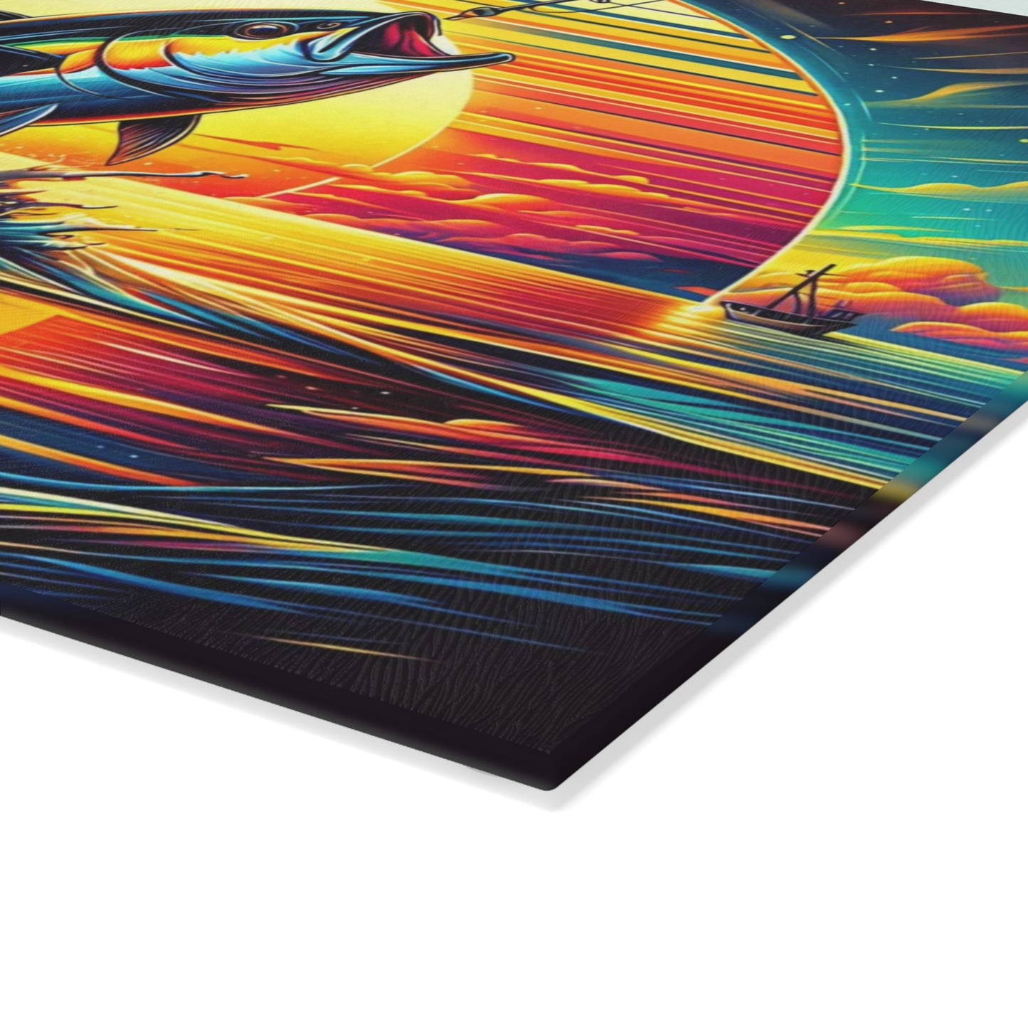 Vibrant Fishing Sunset Glass Cutting Board – Coastal Angler Kitchen Art