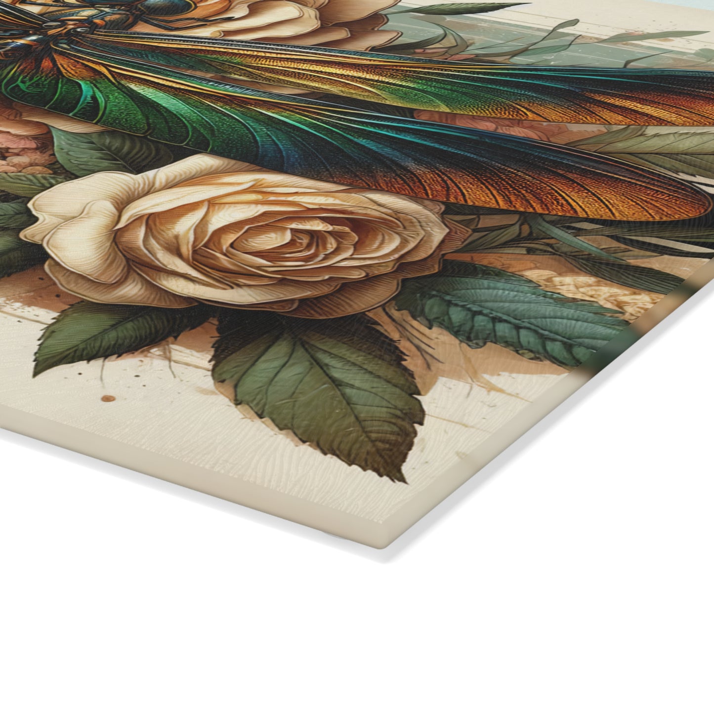 Vintage Dragonfly & Rose Cutting Board – Elegant Botanical Art