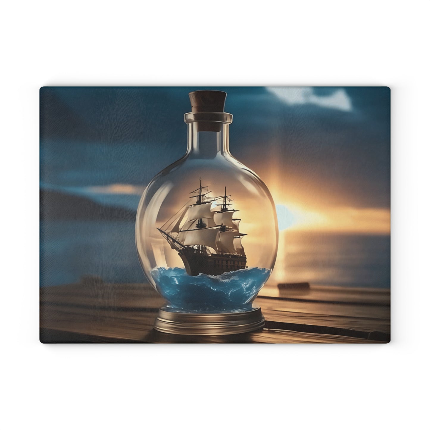 Tabla de cortar de vidrio templado con un barco antiguo en una botella: diseño de atardecer náutico