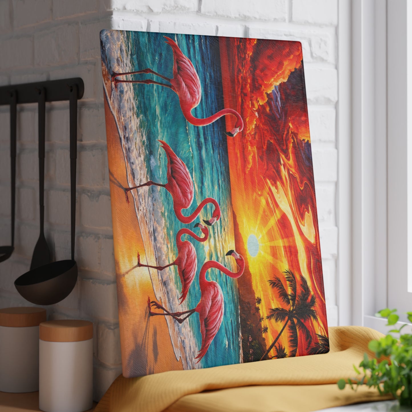 Vibrant Flamingo Sunset Glass Cutting Board – Tropical Coastal Kitchen Decor