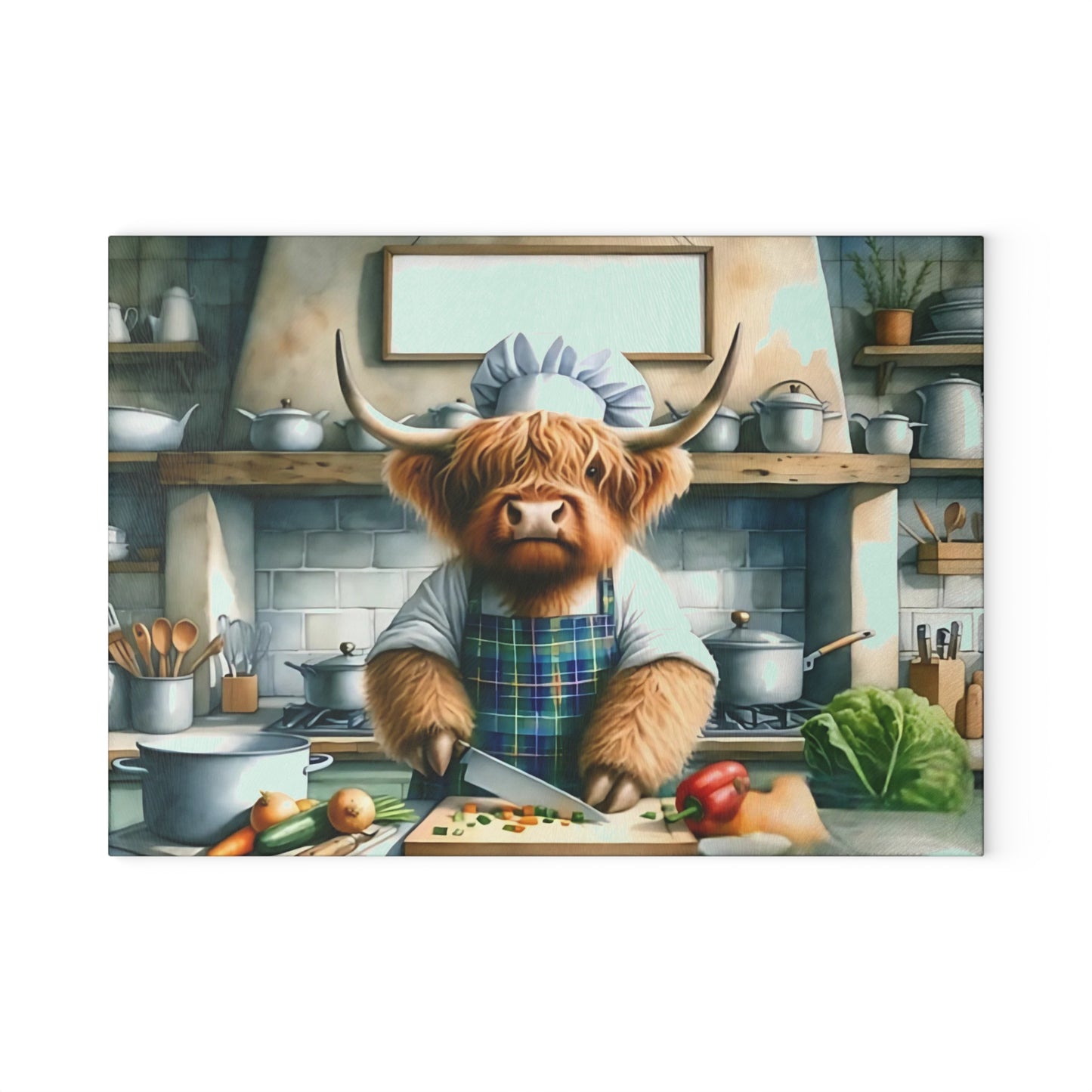 Tabla de cortar de vidrio Highland Cow Chef: decoración divertida para cocinas de estilo rústico
