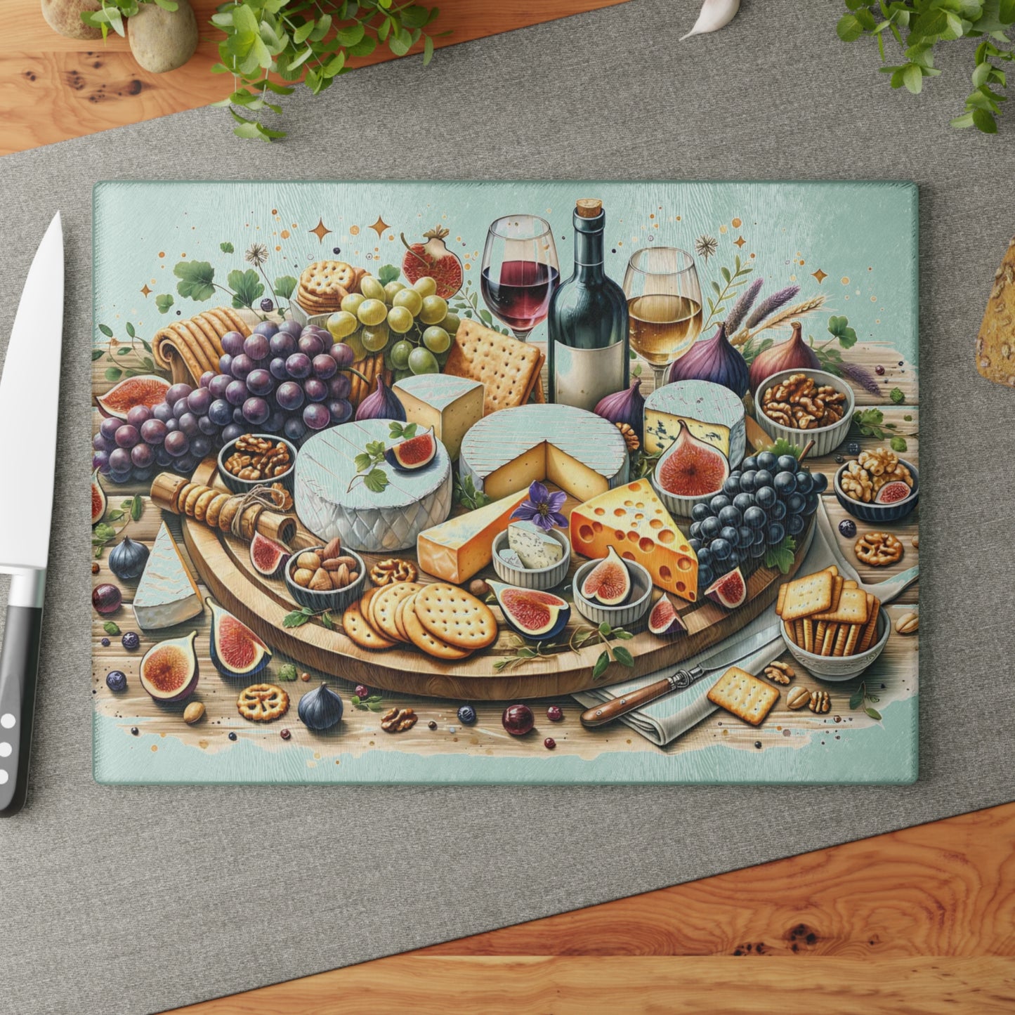 🍷🧀 “Gourmet Spread & Sparkle” Glass Cutting Board – Cozy Charm for Your Kitchen
