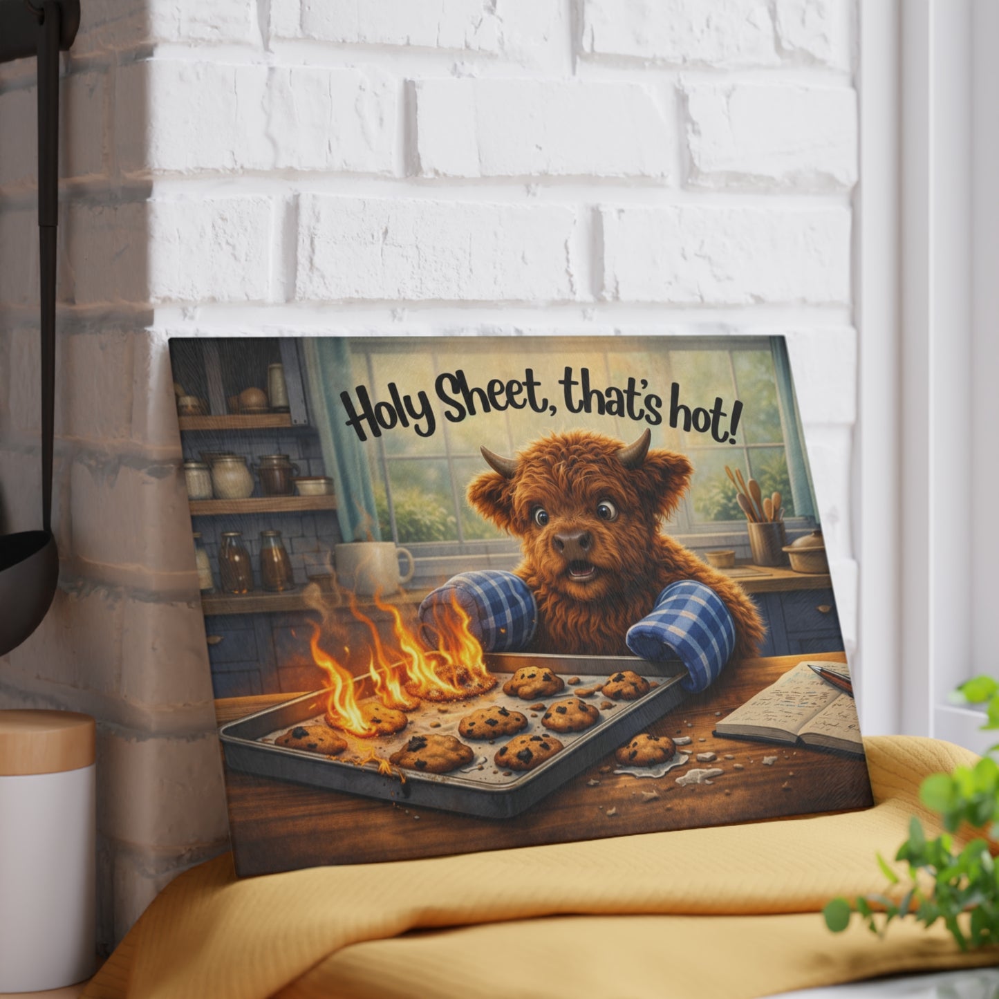 Holy Sheet, That’s Hot! Glass Cutting Board – Funny Highland Cow Baking Art