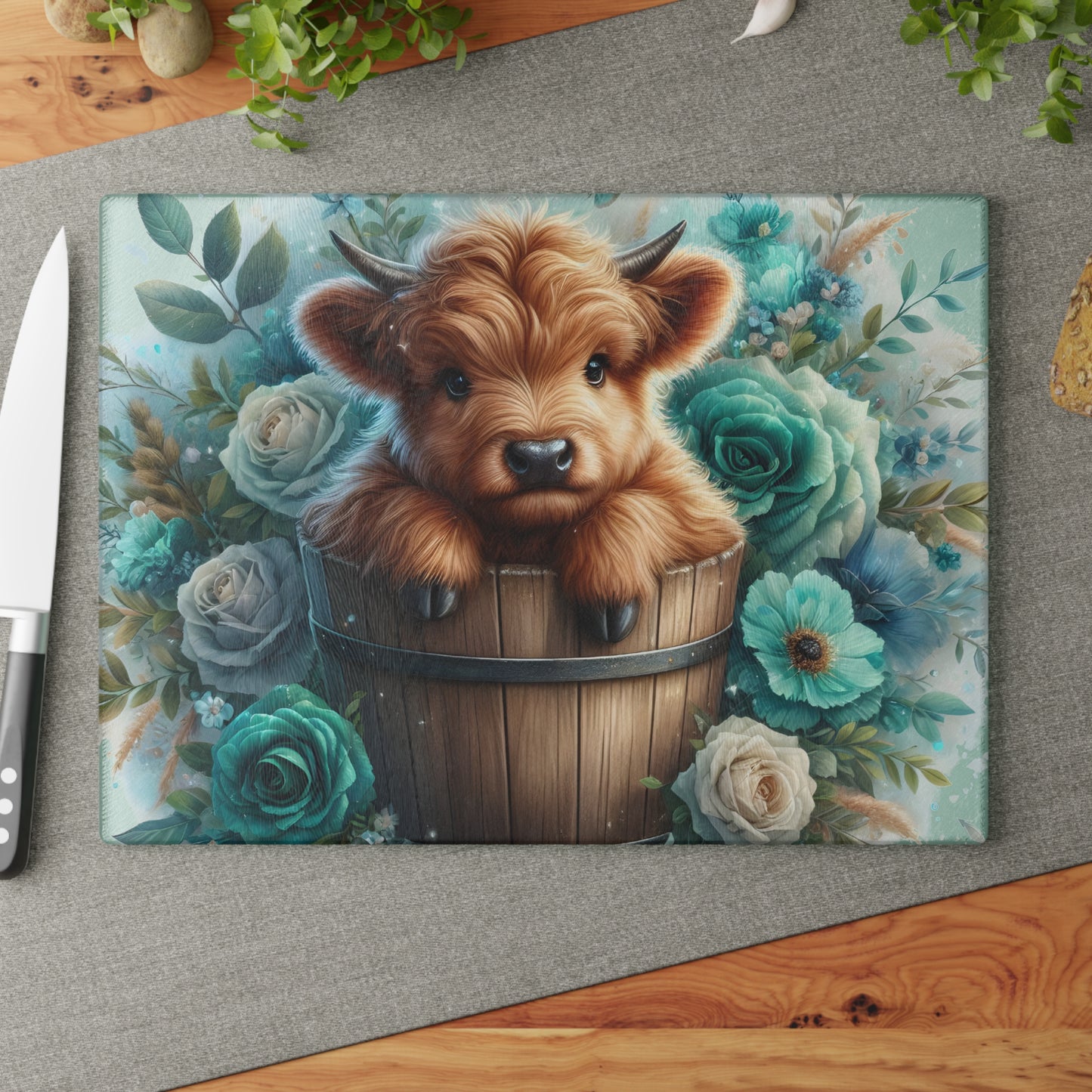 🐮 Highland Calf in a Bucket Cutting Board – Rustic Charm Meets Floral Elegance 🌿