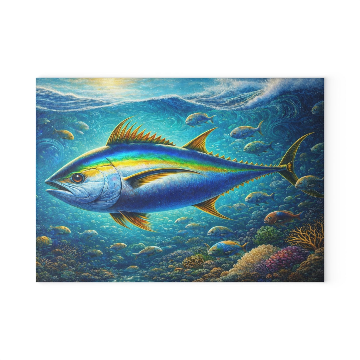 Majestic Ocean Current Fish Glass Cutting Board – Vivid Underwater Reef Artwork