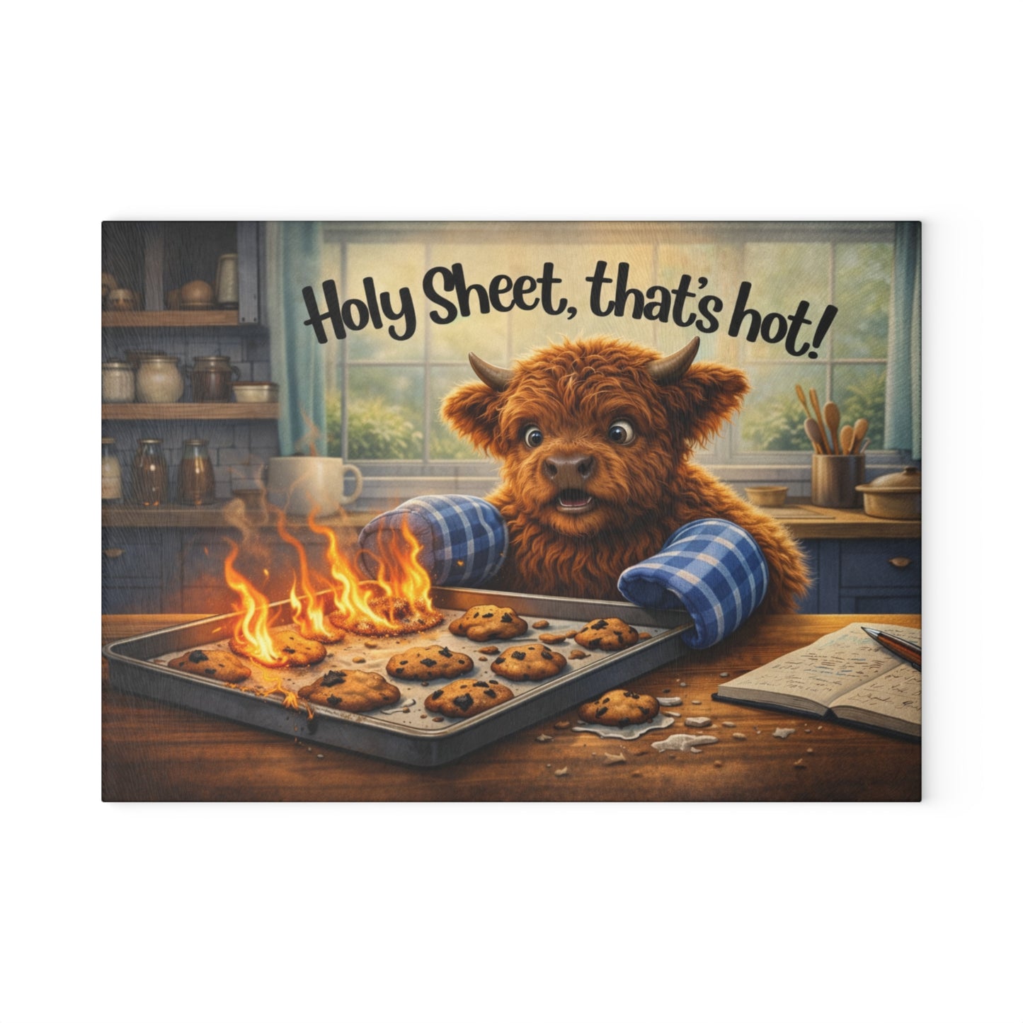 Holy Sheet, That’s Hot! Glass Cutting Board – Funny Highland Cow Baking Art
