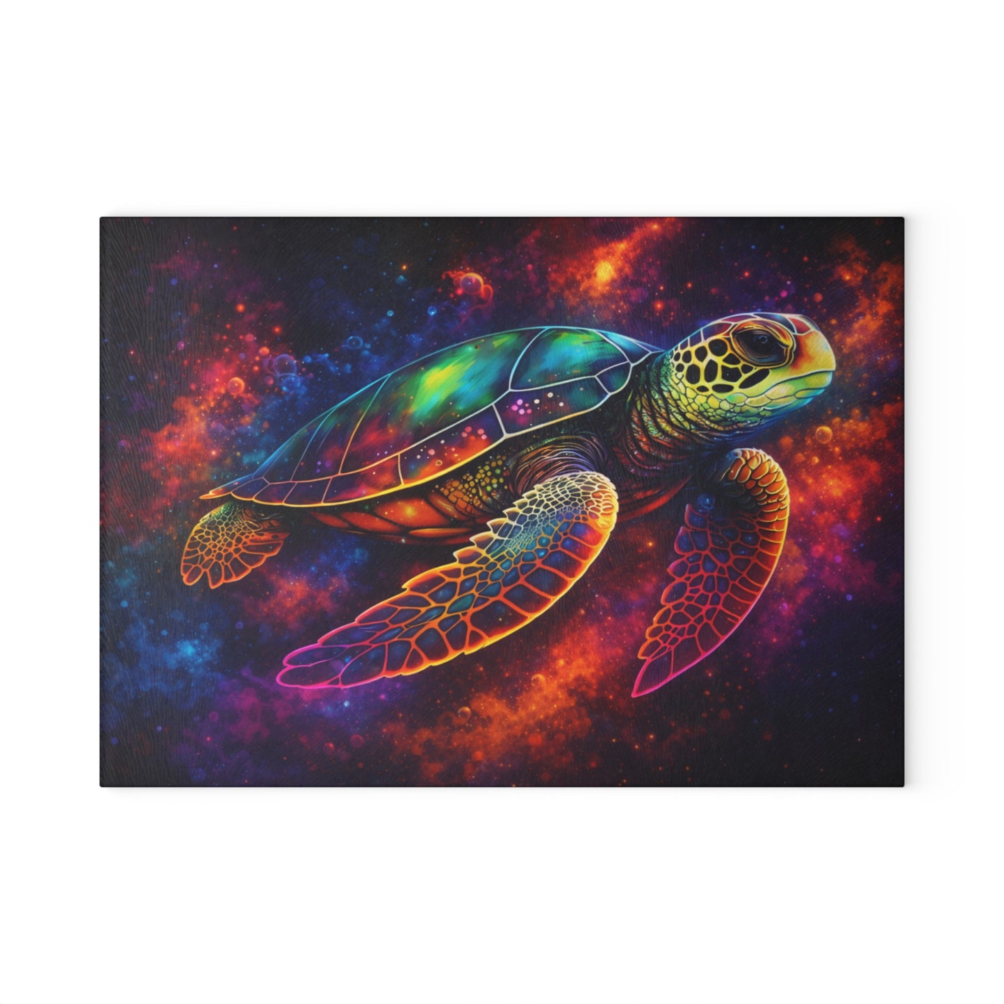 Cosmic Journey Glass Cutting Board – Vibrant Space Turtle Artwork