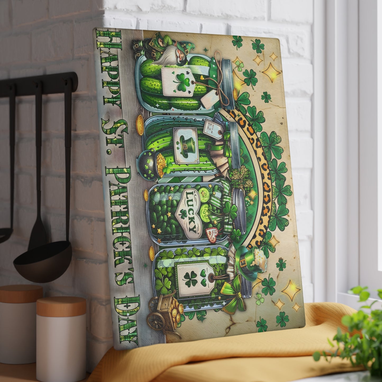 Lucky Shamrock Jars Glass Cutting Board – St. Patrick’s Day Kitchen Décor