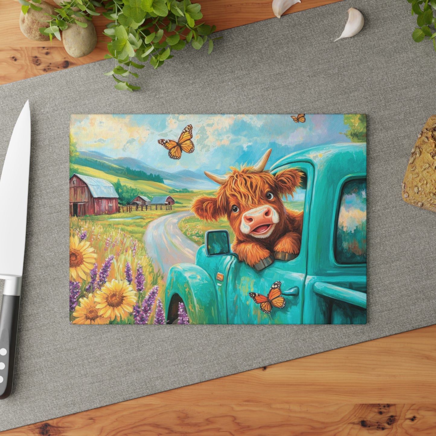 🚜🌻 Baby Highland Cow in Old Truck Glass Cutting Board – Rustic Farm Charm with Sunflowers & Barn 🌼