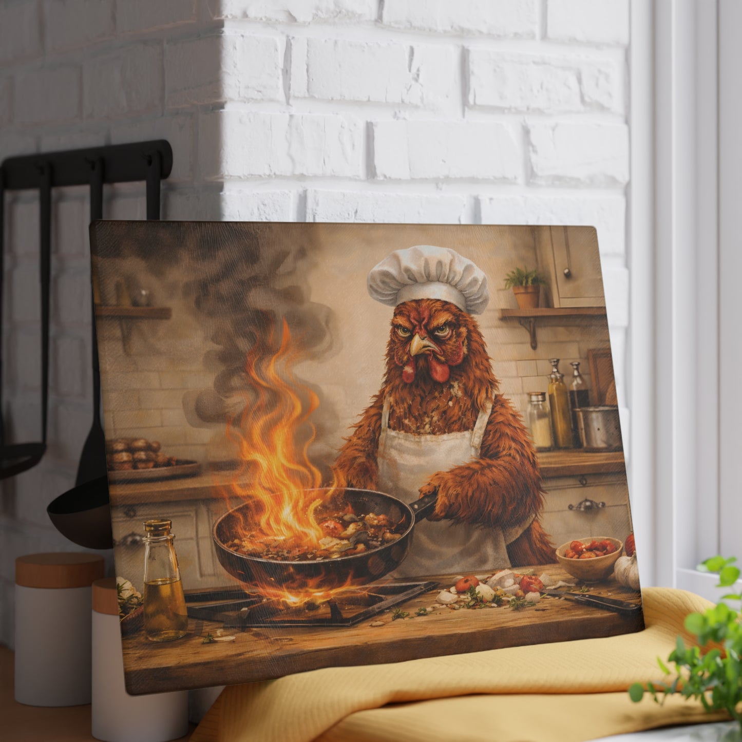 Angry Chicken Chef Glass Cutting Board – Funny Kitchen Chaos Farm Art