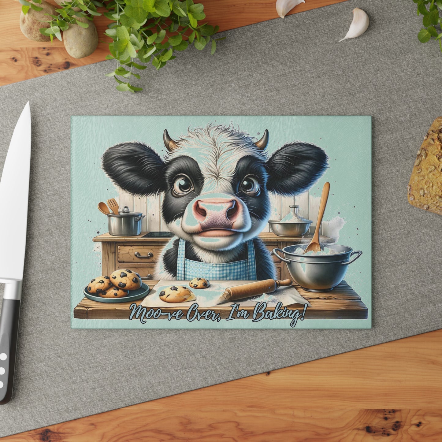 🐮🍪 “Moo-ve Over, I’m Baking!” Tempered Glass Board – Cute Cow Kitchen Laughs