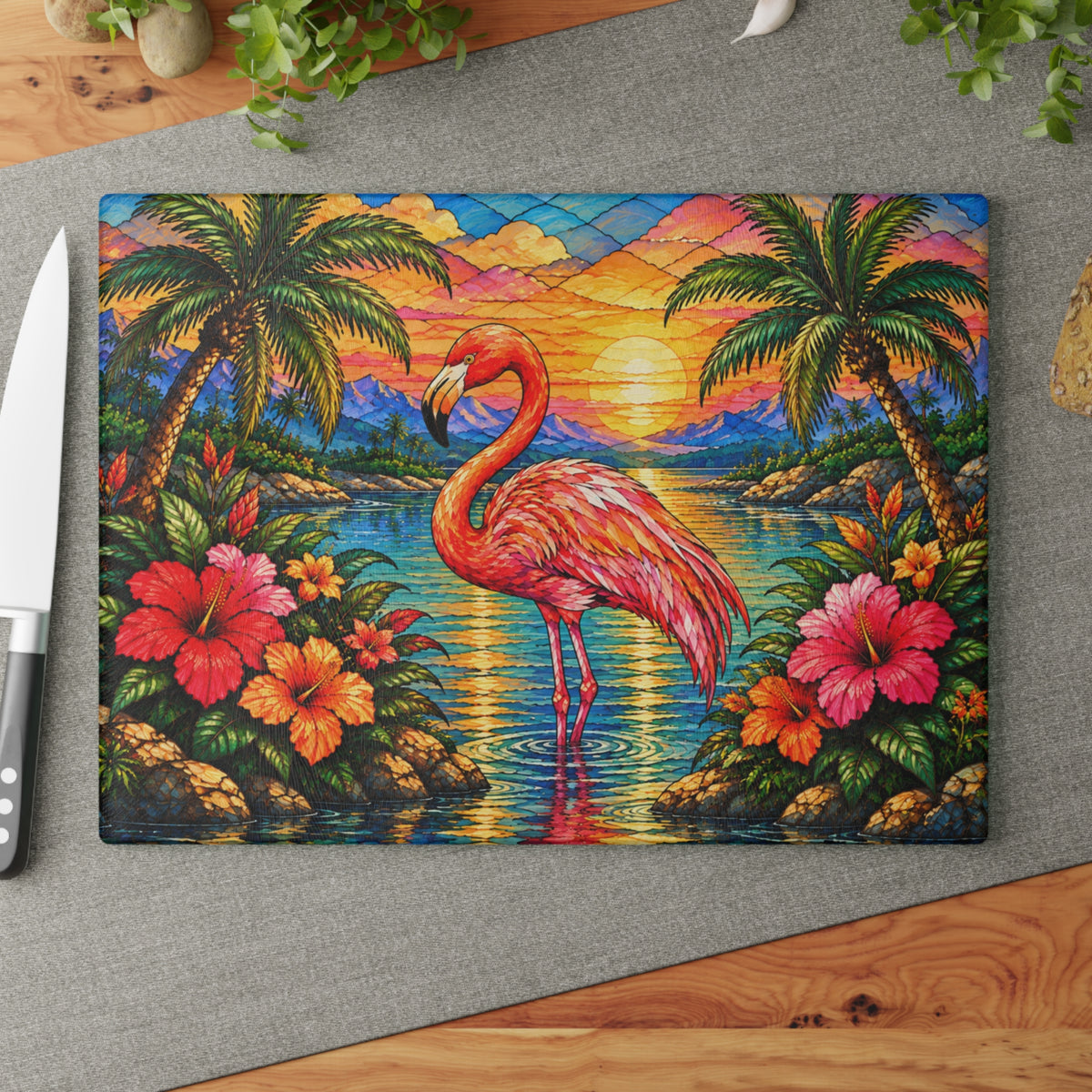Stained-Glass-Inspired Pink Flamingo Cutting Board – Tropical Sunset, Palm Trees, Colorful Hibiscus Flowers & Coastal Kitchen Décor