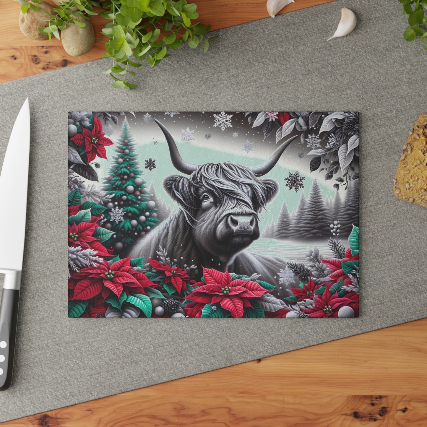 🐮❄️ “Winter Highland Cow” Glass Cutting Board – Rustic Christmas Charm for Your Kitchen