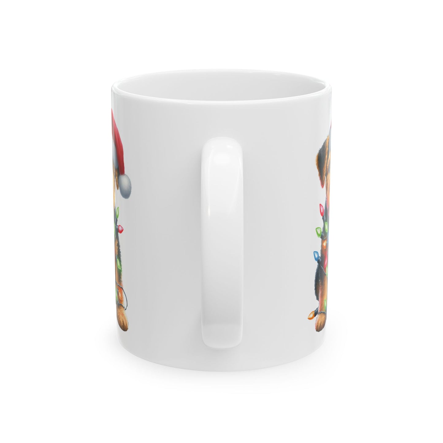 🎄 Airedale Terrier Christmas Mug – Jolly Pup with Santa Hat & Twinkling Lights 🎁