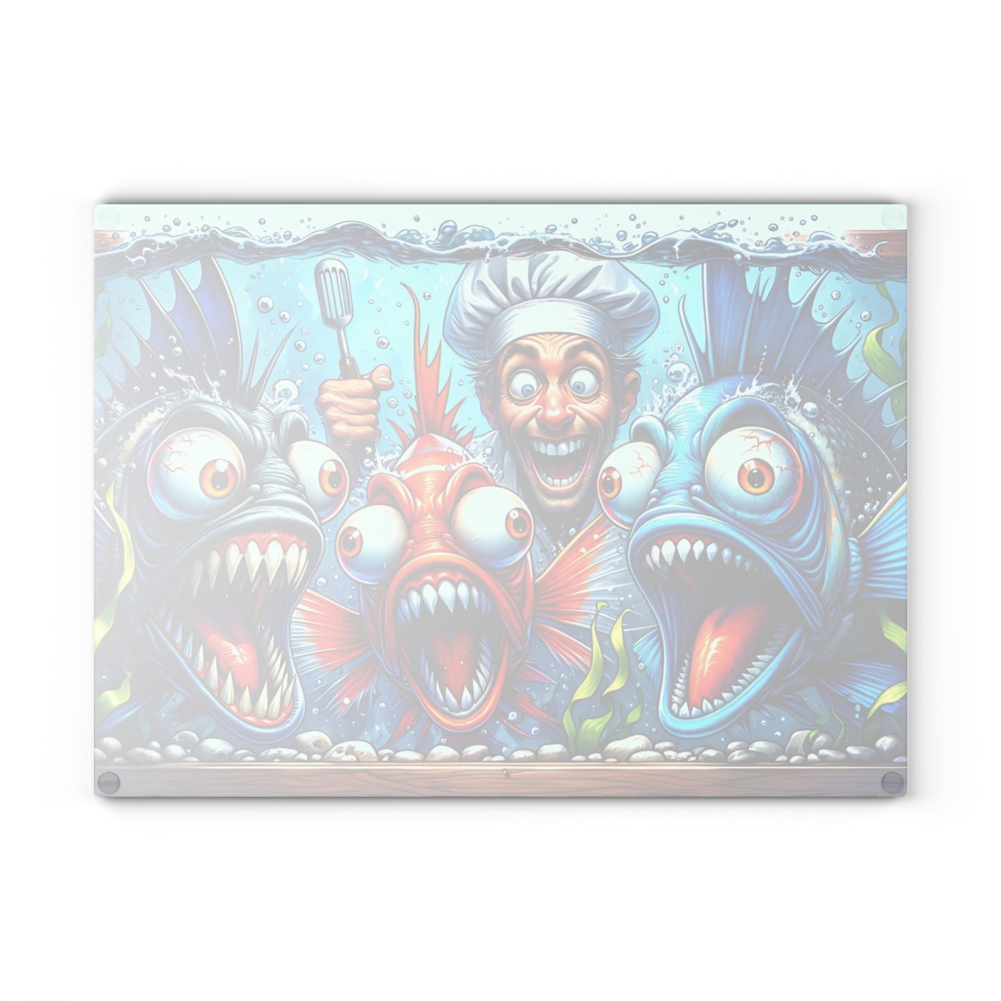 🐟👨‍🍳 “Kitchen Chaos: Fish & Chef” Glass Cutting Board – Cozy Charm for Your Kitchen