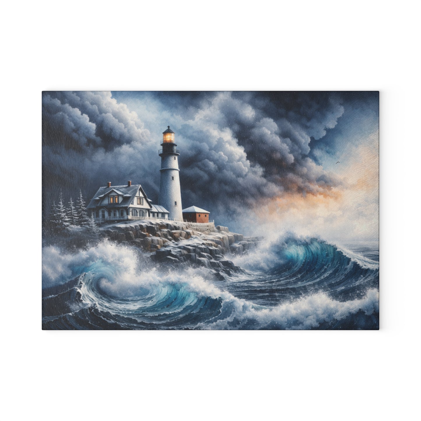 Storm watch Lighthouse Glass Cutting Board – Dramatic Coastal Ocean Art