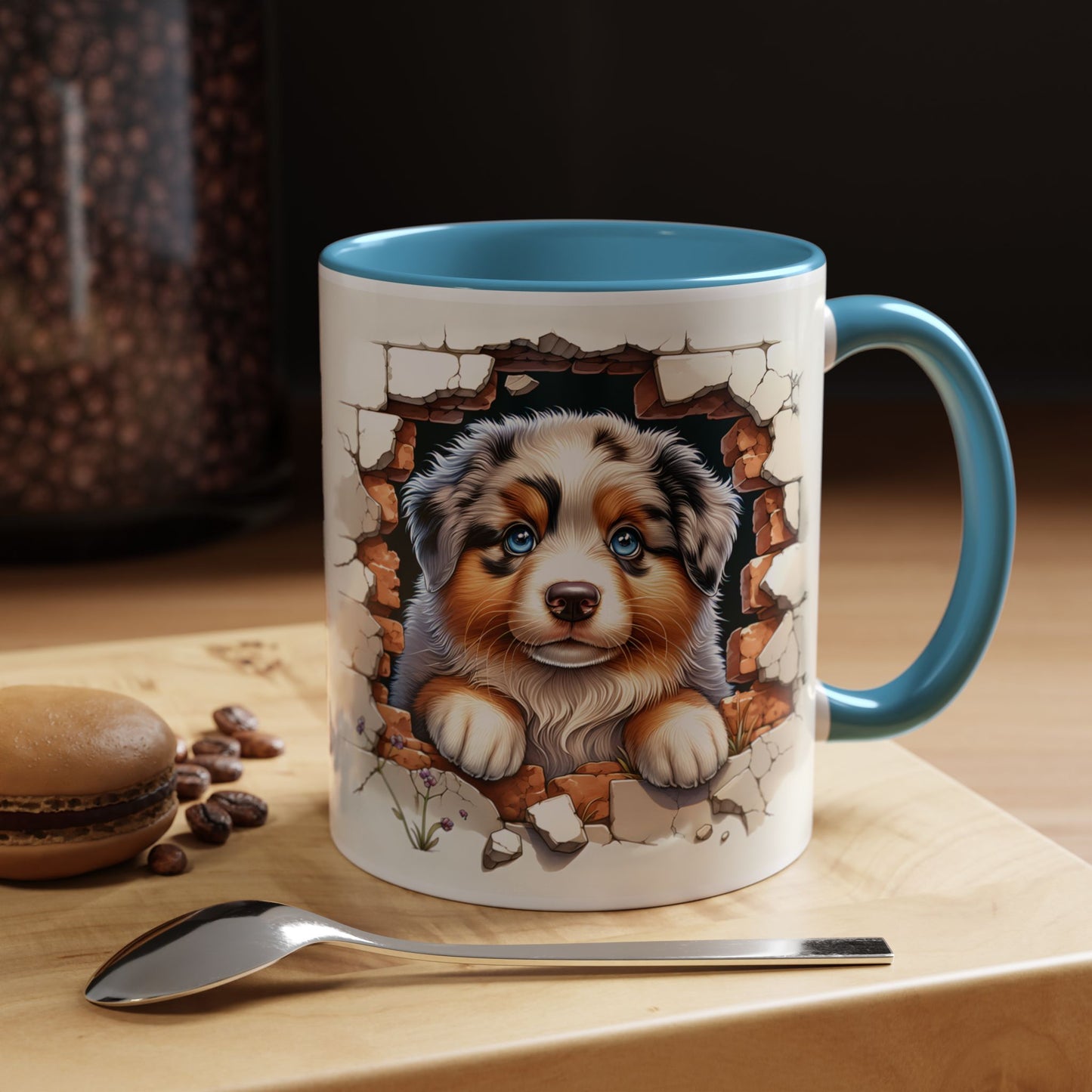 🐾☕ Australian Shepherd Puppy Peek Accent Mug – Blue-Eyed Beauty Dog Lover Gift ✨💙
