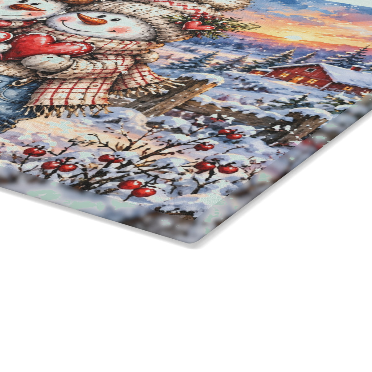 Adorable Snowman Couple Holding Hearts Tempered Glass Cutting Board – Rustic Winter Farmhouse Art – 11 × 15 Inches