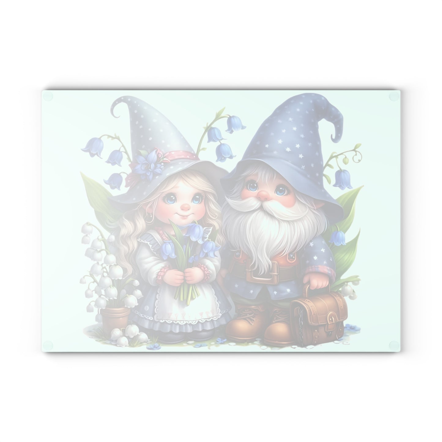 💙🌸 Bluebell Gnome Couple Cutting Board – Whimsical Garden Kitchen Décor with Sweet Floral Charm 🌿✨