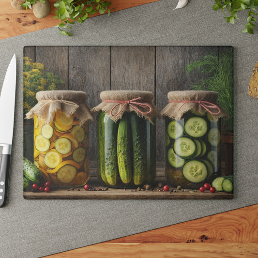 Rustic Pickle Jar Glass Cutting Board – Farmhouse Kitchen Food Art Display