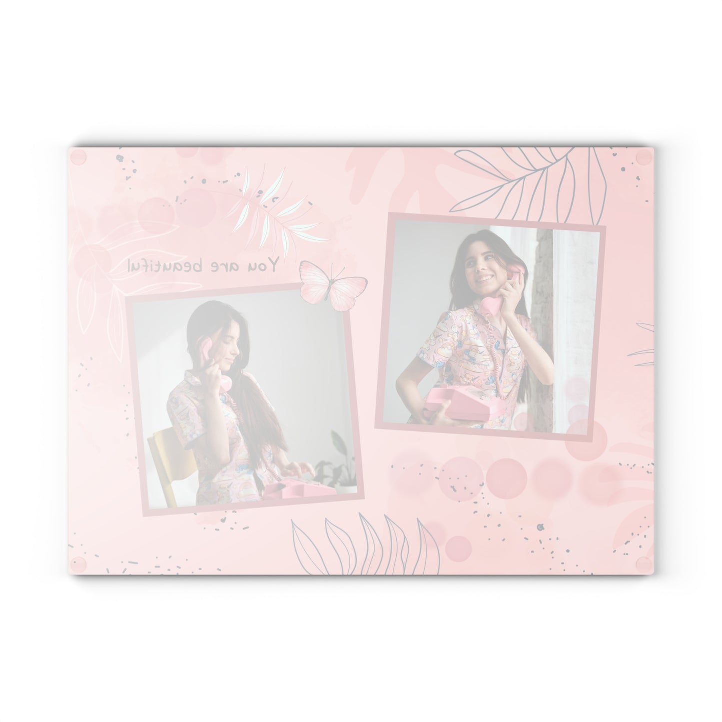 You Are Beautiful Photo Collage Glass Cutting Board – Pink Butterfly Inspirational Keepsake