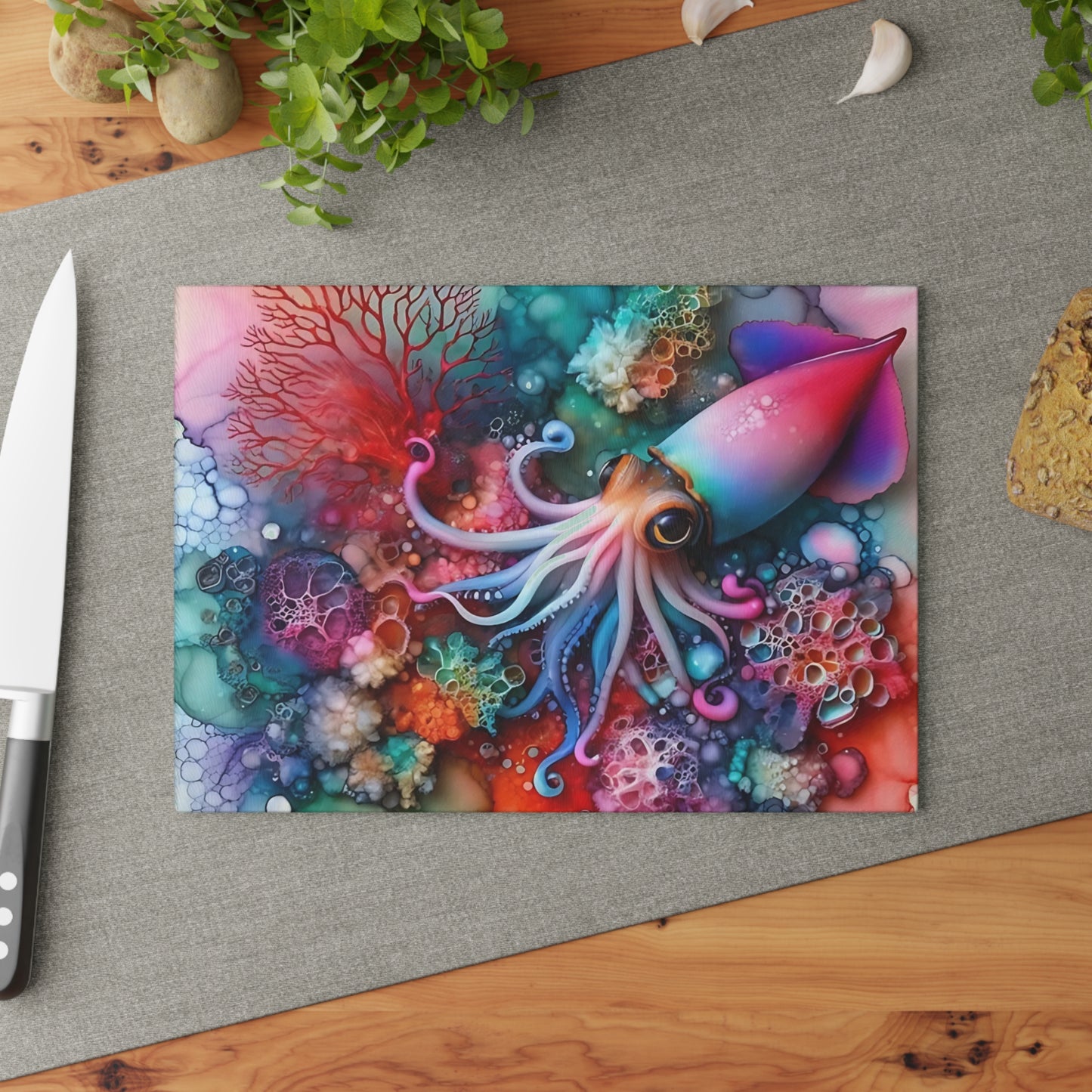 Tabla de cortar de vidrio con diseño de calamar en acuarela: arte submarino vibrante para exhibiciones de cocina llamativas