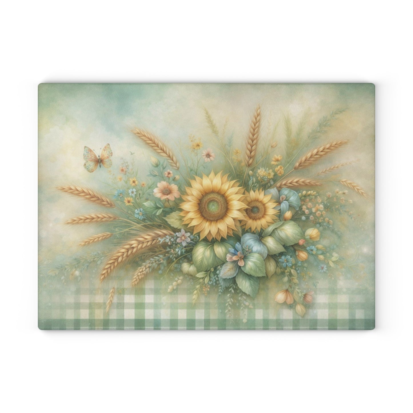 Sunflower and Wheat Garden Glass Cutting Board – Rustic Farmhouse Floral Kitchen Decor