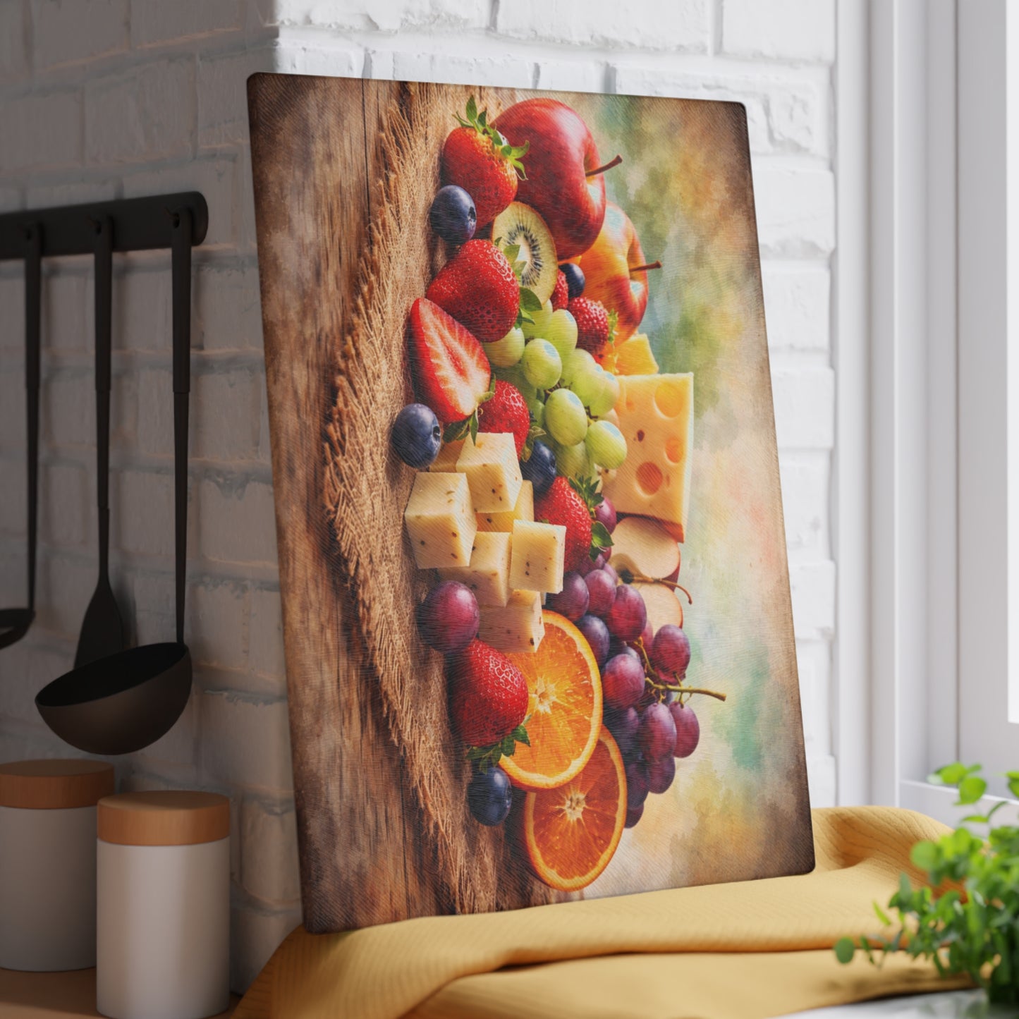 Farmhouse Fruit and Cheese Still Life Glass Cutting Board – Rustic Kitchen Art with Vibrant Harvest Colors