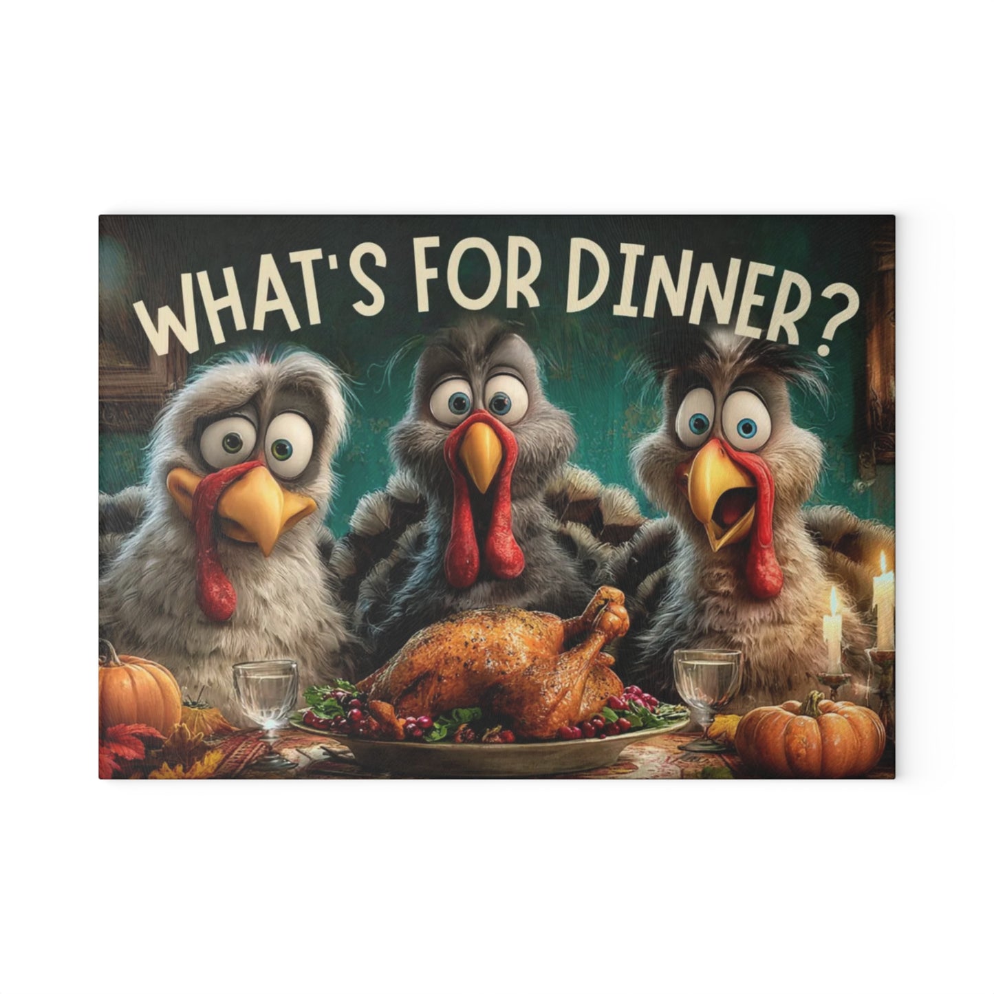 🦃🥔 “Dinner Time Surprise” Glass Cutting Board – Playful Rustic Kitchen Décor