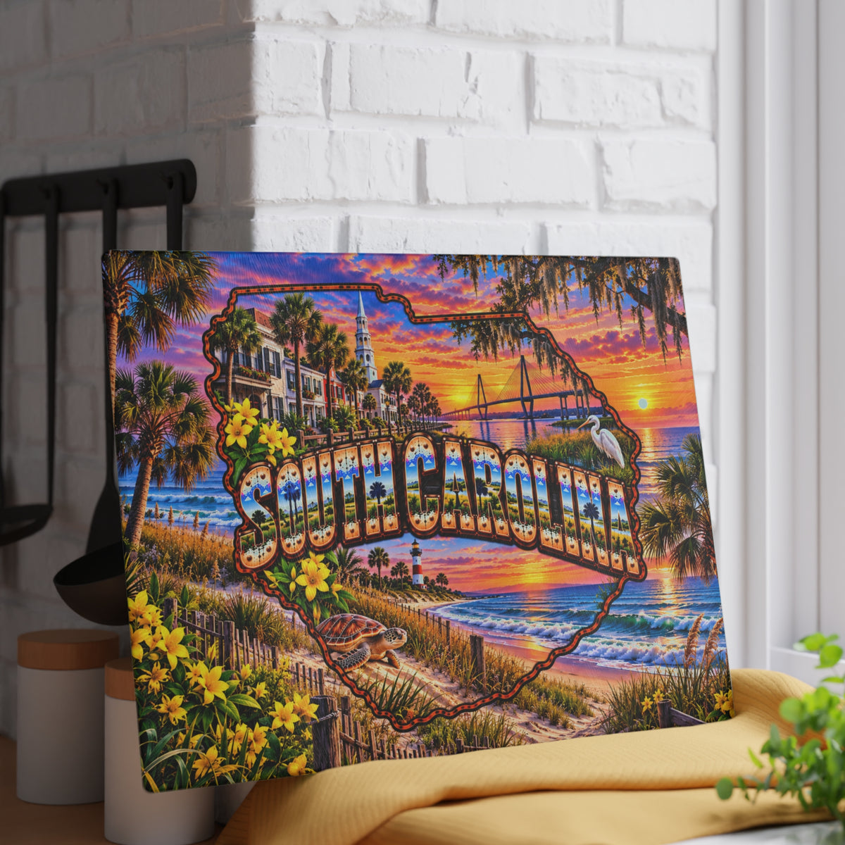 South Carolina Glass Cutting Board – Charleston Waterfront, Ravenel Bridge, Sea Turtle, Lighthouse & Coastal Sunset Kitchen Décor