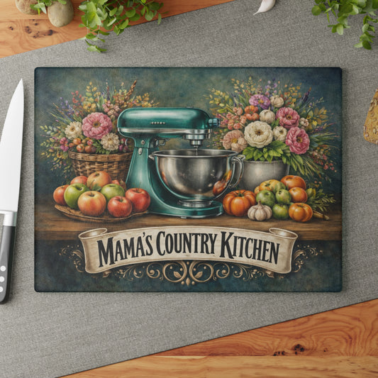 Mama’s Country Kitchen Glass Cutting Board – Farmhouse Baking Art with Vintage Mixer Charm