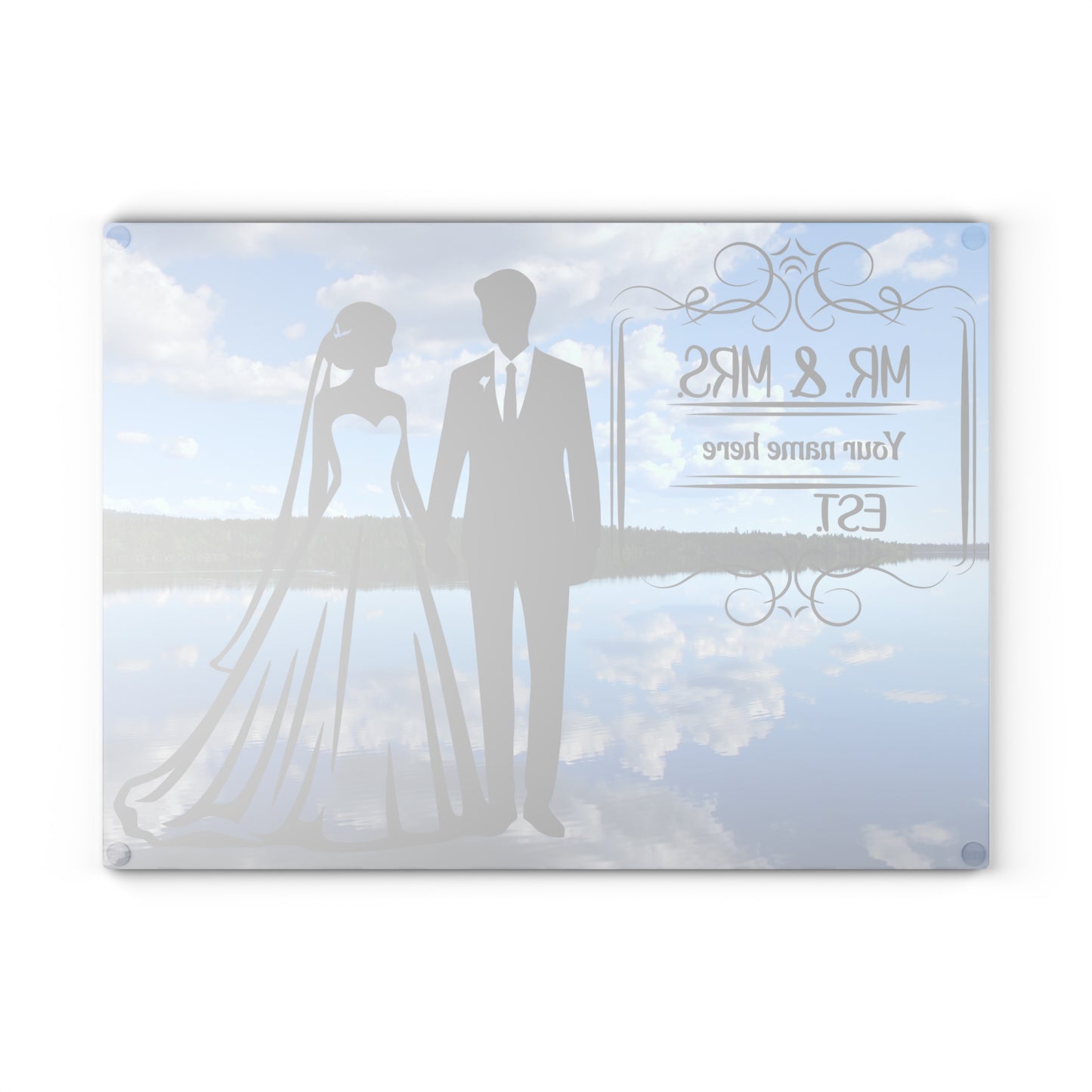 Tabla de cortar "Reflejos del Sr. y la Sra. en el lago": regalo de boda personalizado con un encanto inspirado en la naturaleza
