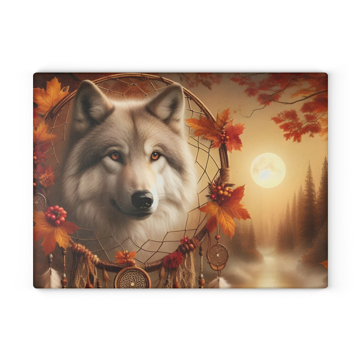 🐺 Autumn Wolf Dreamcatcher Cutting Board – Mystical Forest Elegance 🌕