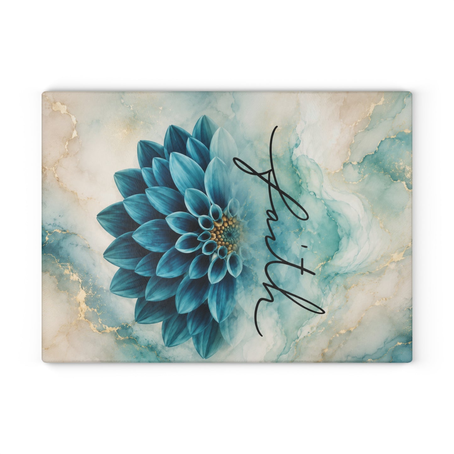 Faith Blue Floral Glass Cutting Board – Elegant Christian Kitchen Decor with Inspirational Scripture Artwork