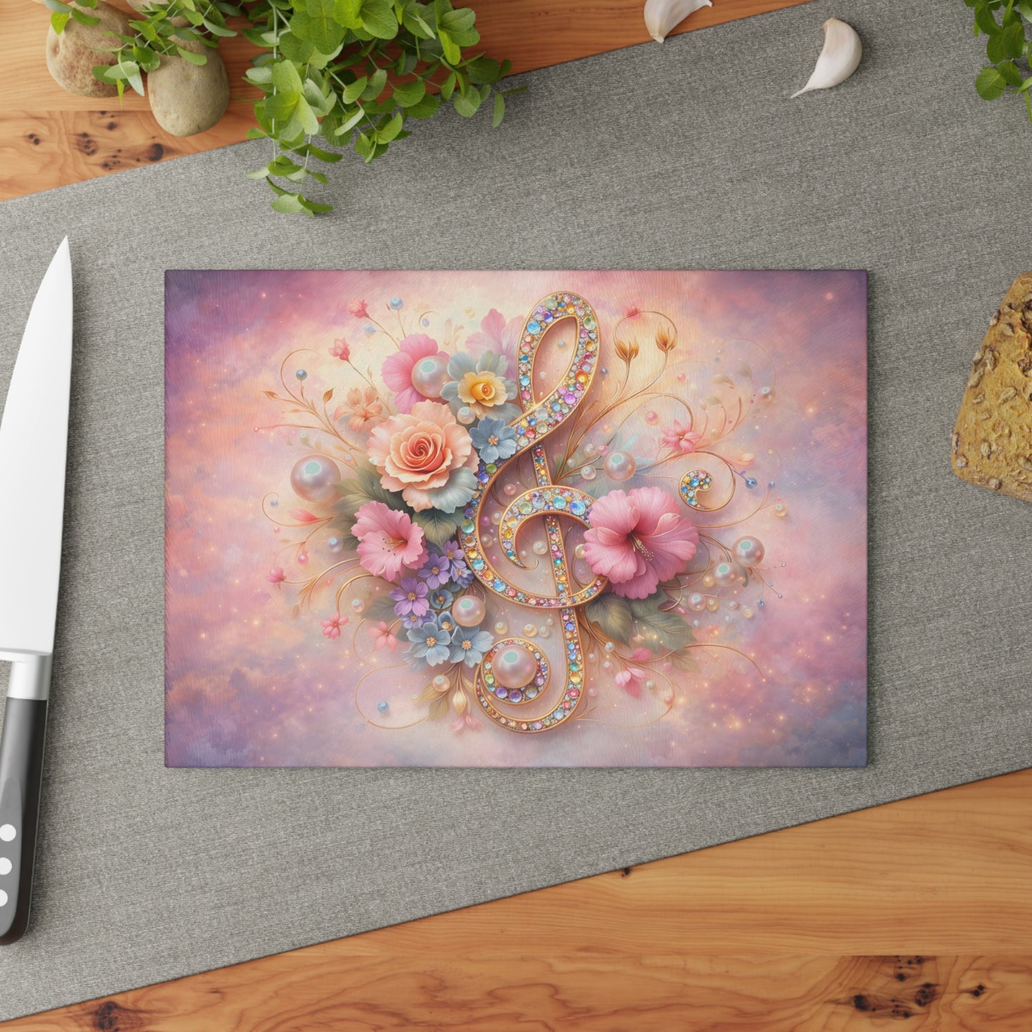 Floral Treble Clef Glass Cutting Board – Elegant Music-Inspired Art Kitchen Decor