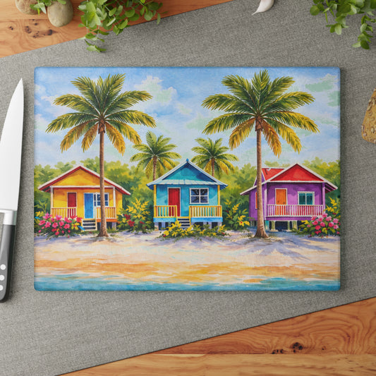 Tropical Beach Cottages Glass Cutting Board – Colorful Island Coastal Artwork