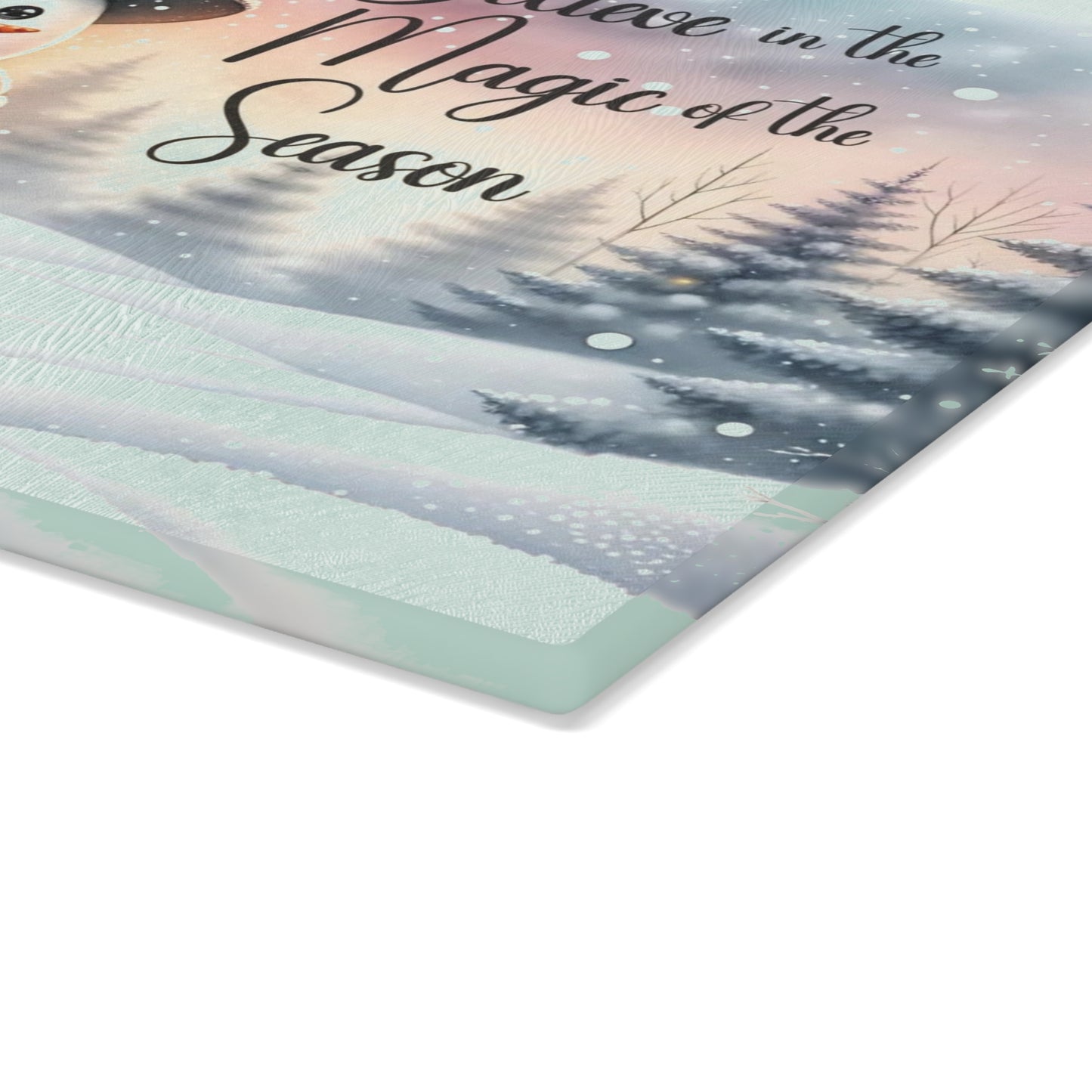 ⛄️✨ “Believe in the Magic of the Season” Glass Cutting Board – Cozy Charm for Your Kitchen