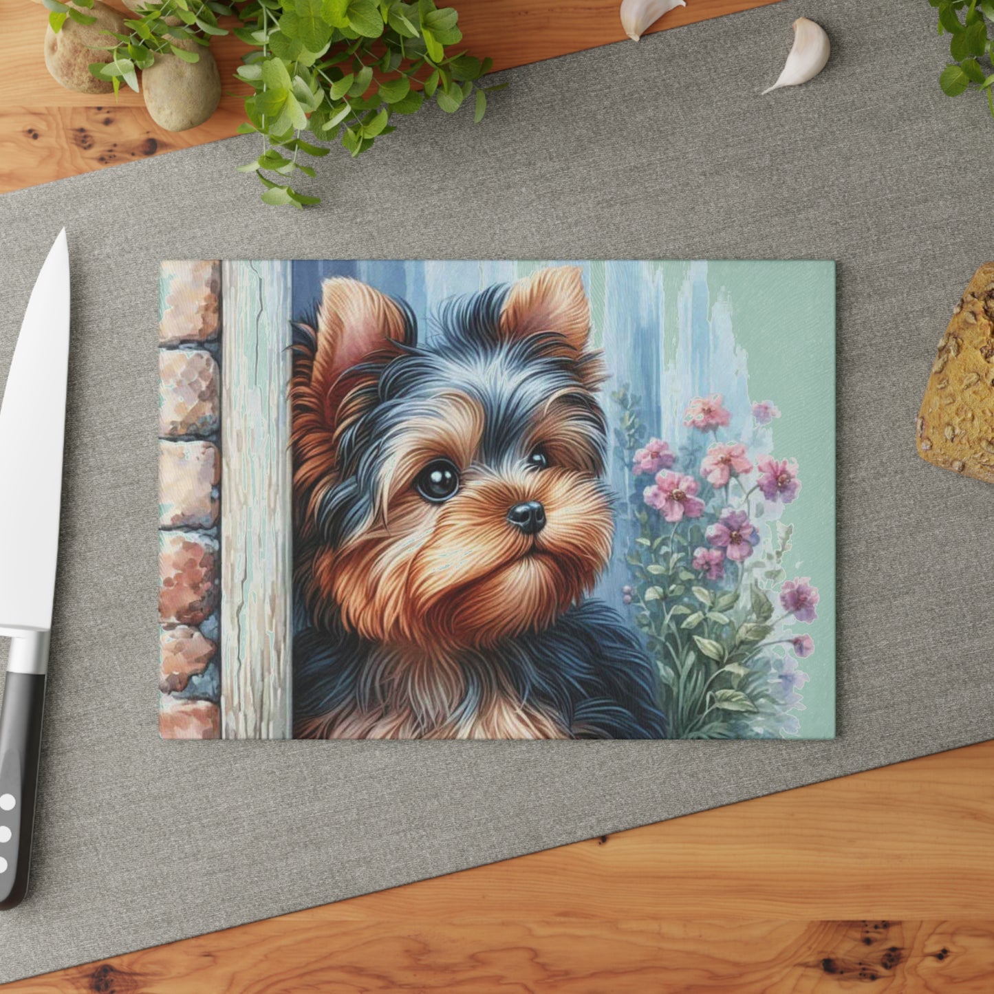 🐾🌸 “Cottage Yorkie Peek” Tempered Glass Board – Sweet Pup & Floral Charm