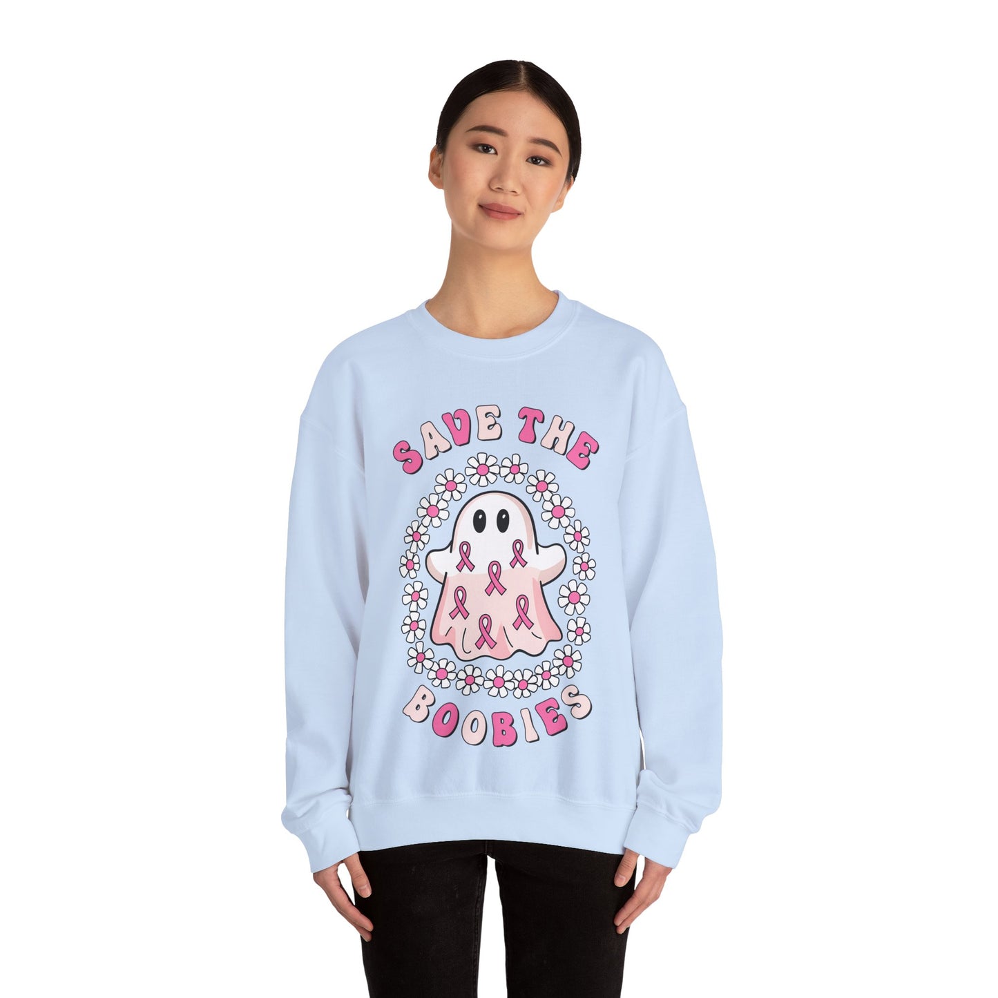 👻🎀 Save the Boobies Ghost Sweatshirt – Cute Breast Cancer Awareness Crewneck