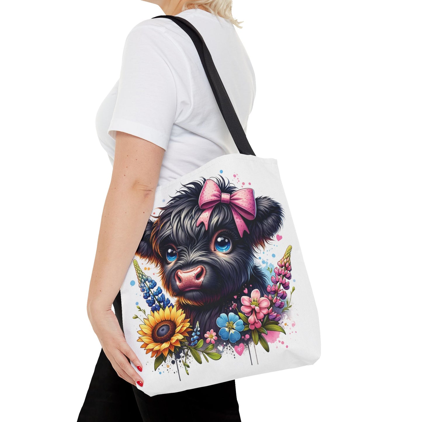 🌸 Black Highland Calf Floral Tote Bag – Sweet Style for Every Age 🐮👜