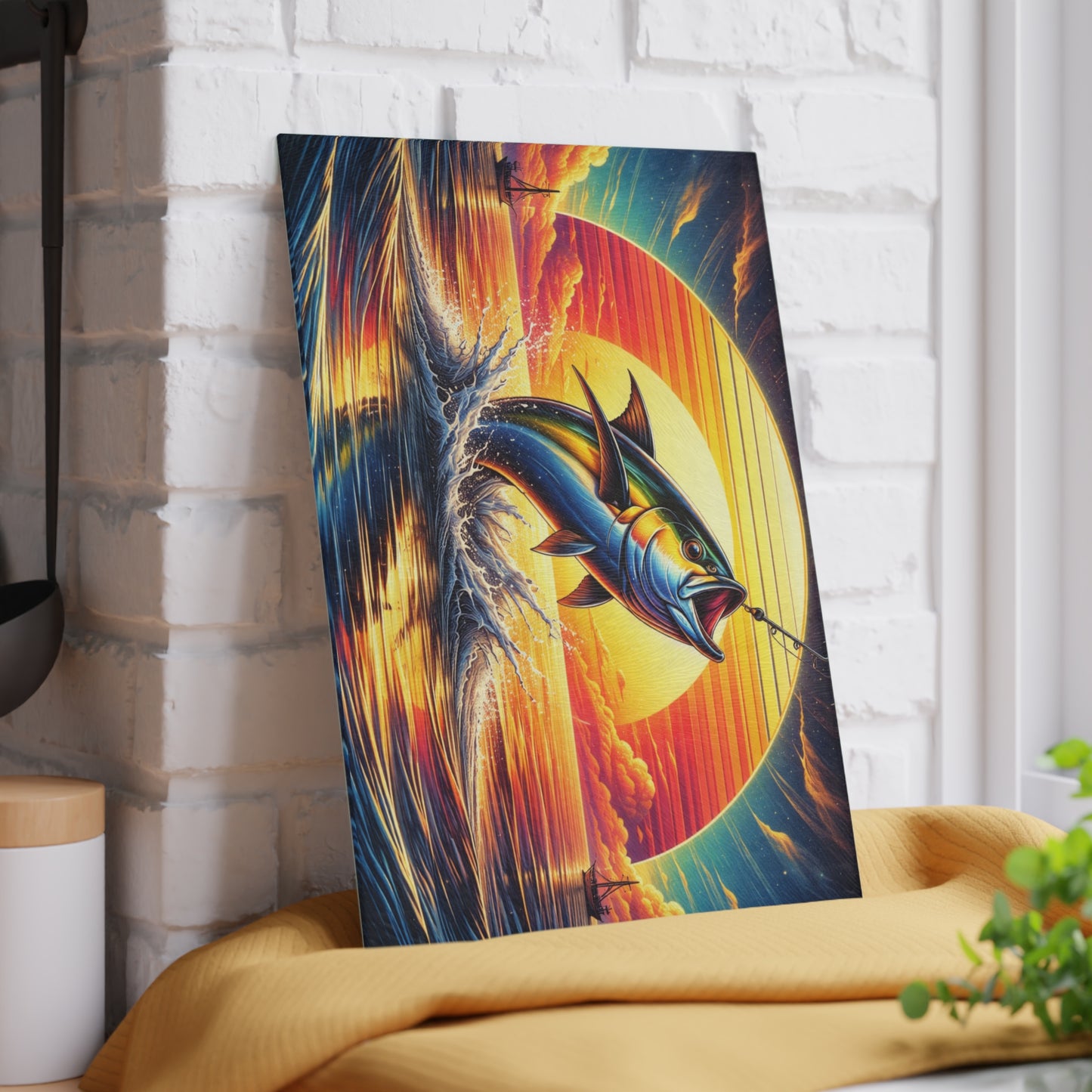 Retro Sunset Fishing Glass Cutting Board – Vibrant Ocean Angler Kitchen Art