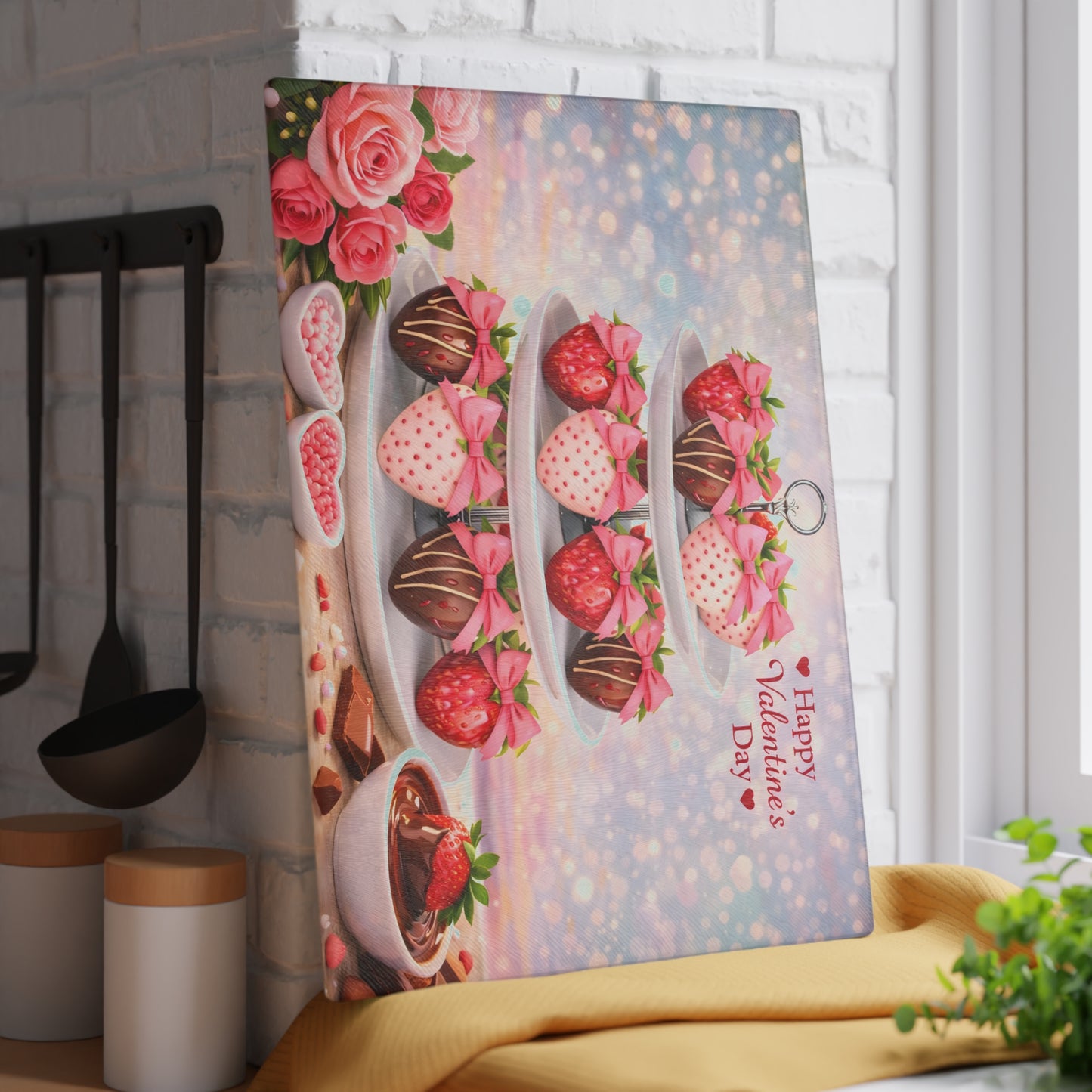Chocolate-Covered Strawberry Valentine Glass Cutting Board – Romantic Dessert Display & Kitchen Accent
