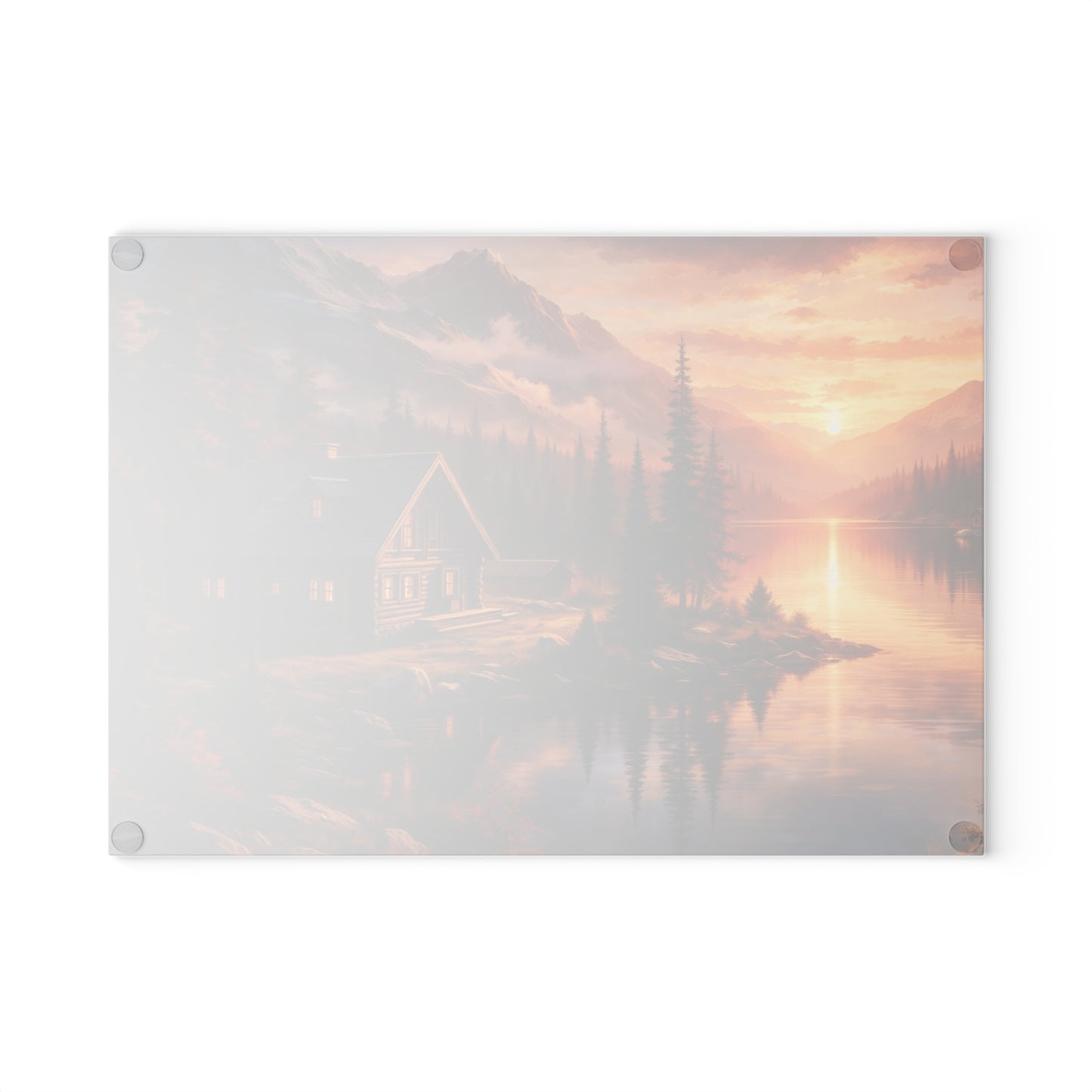 Mountain Cabin Sunset Glass Cutting Board – Rustic Lake Lodge Kitchen Art