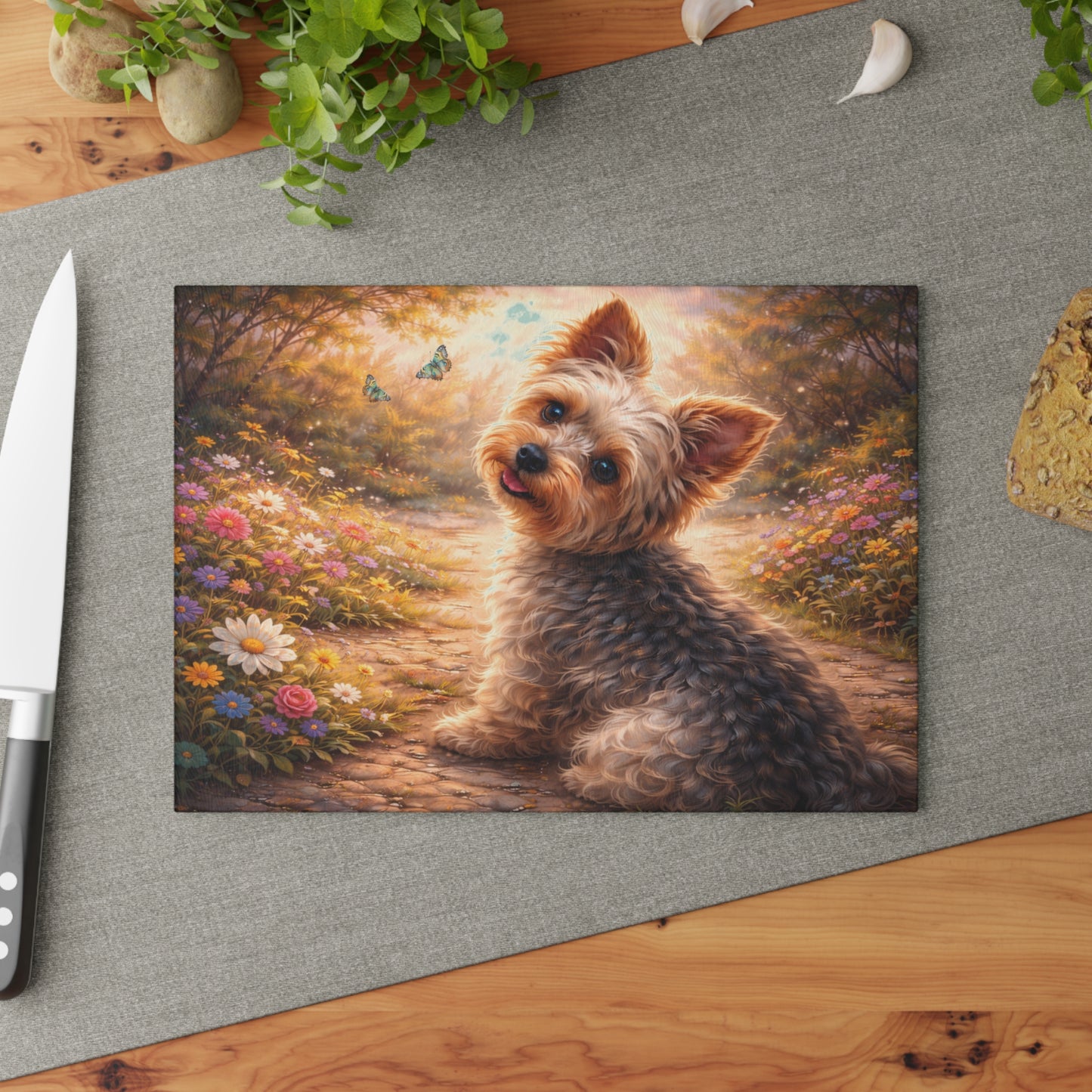 Whimsical Yorkshire Terrier Garden Glass Cutting Board – Personalized Dog Lover Floral Artwork