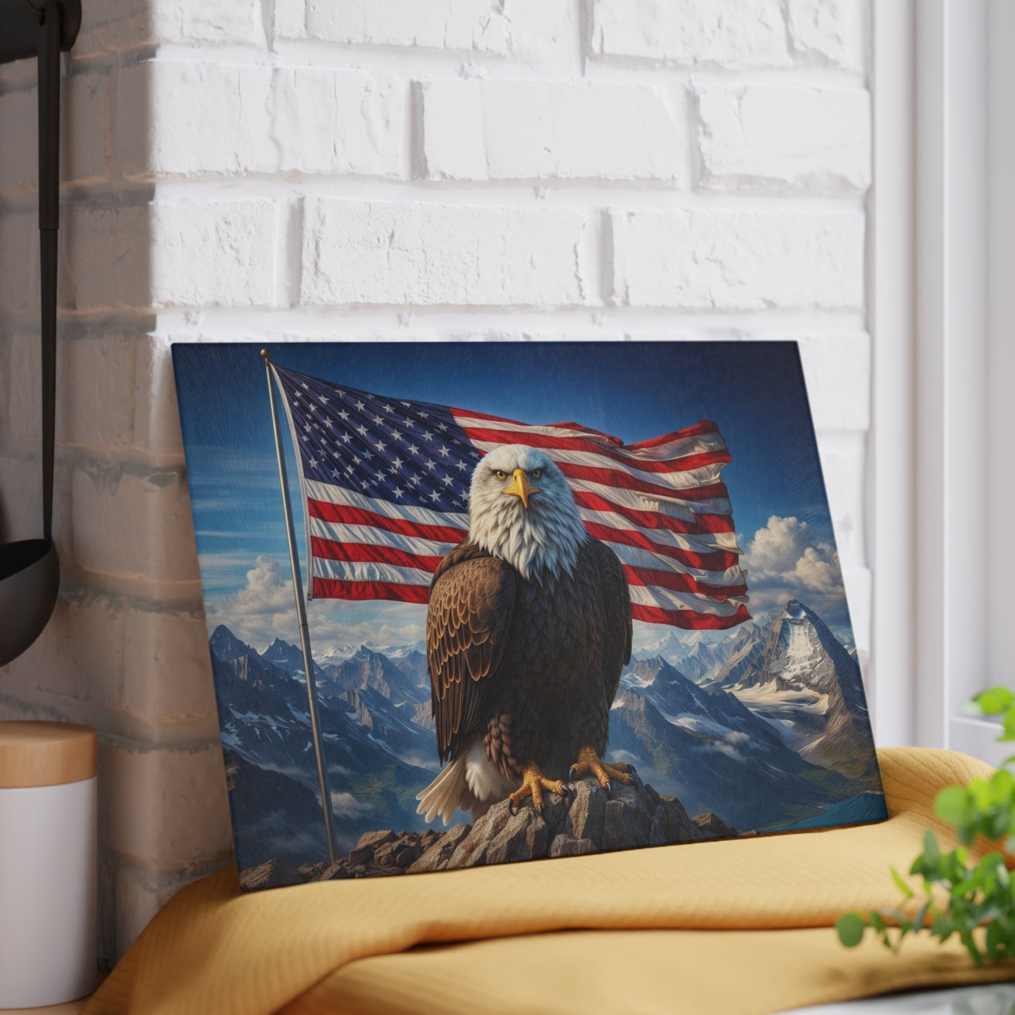American Eagle Mountain Glass Cutting Board – Patriotic Bald Eagle Landscape Kitchen Art & Display Board
