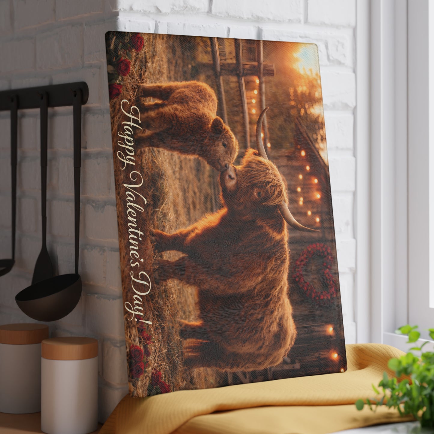 Valentine Highland Cow Mother & Calf Glass Cutting Board – Cozy Farmhouse Love Kitchen Decor