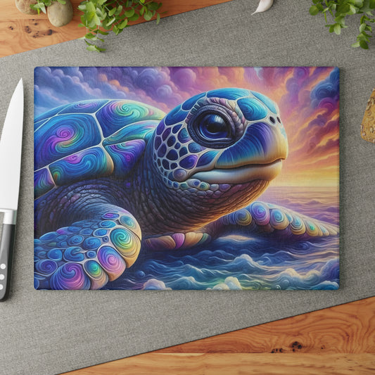 Tabla de cortar de vidrio con diseño de tortuga marina de cerca – Decoración de cocina costera oceánica