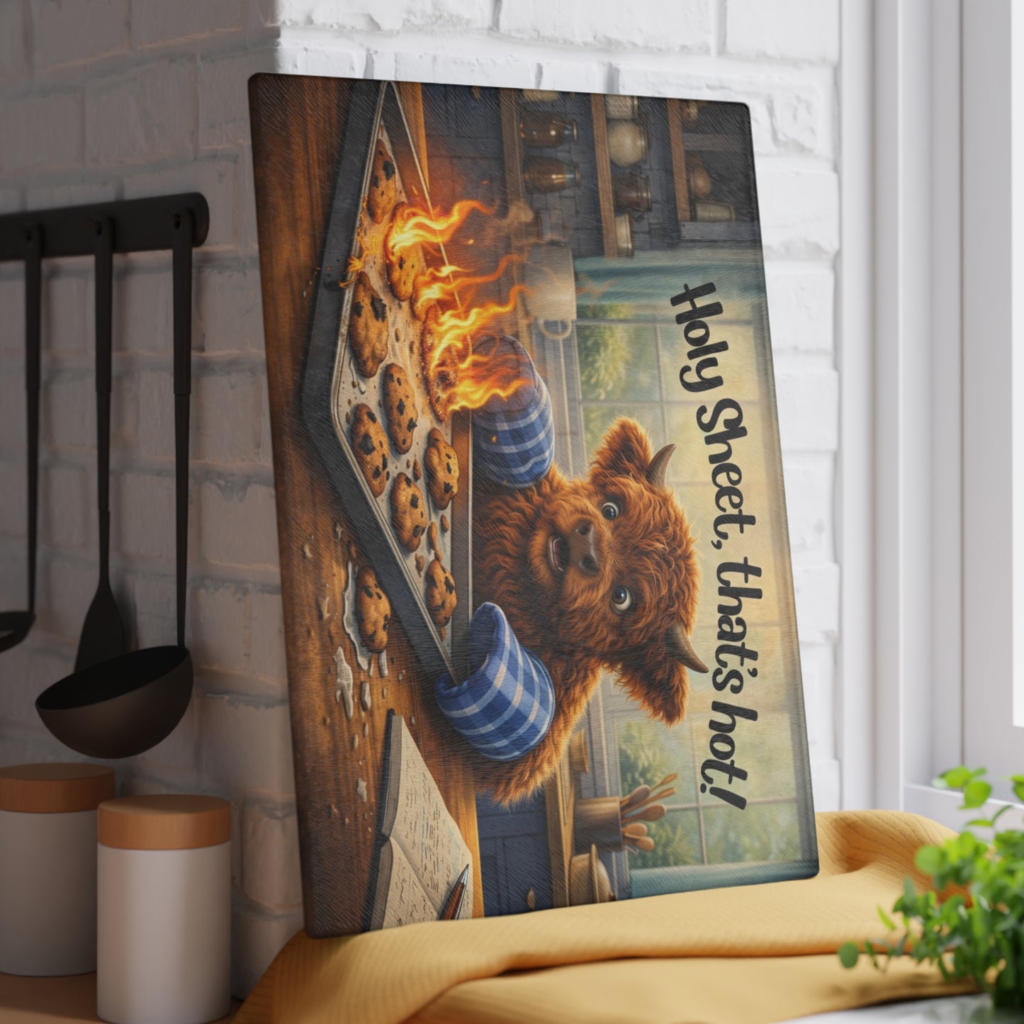 Holy Sheet, That’s Hot! Glass Cutting Board – Funny Highland Cow Baking Art