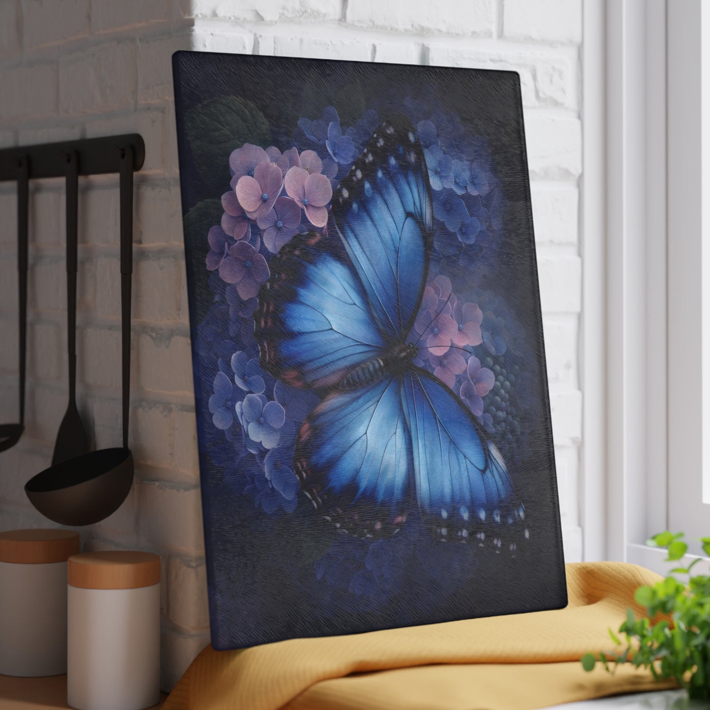 Blue Butterfly & Hydrangea Glass Cutting Board – Elegant Floral Butterfly Kitchen Art